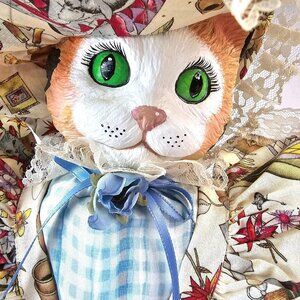 Vintage Cat Figurine With Lace Victorian Bonnet Floral Dress Feathers Home Decor